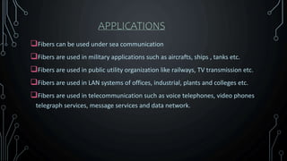 APPLICATIONS
Fibers can be used under sea communication
Fibers are used in military applications such as aircrafts, ships , tanks etc.
Fibers are used in public utility organization like railways, TV transmission etc.
Fibers are used in LAN systems of offices, industrial, plants and colleges etc.
Fibers are used in telecommunication such as voice telephones, video phones
telegraph services, message services and data network.
 
