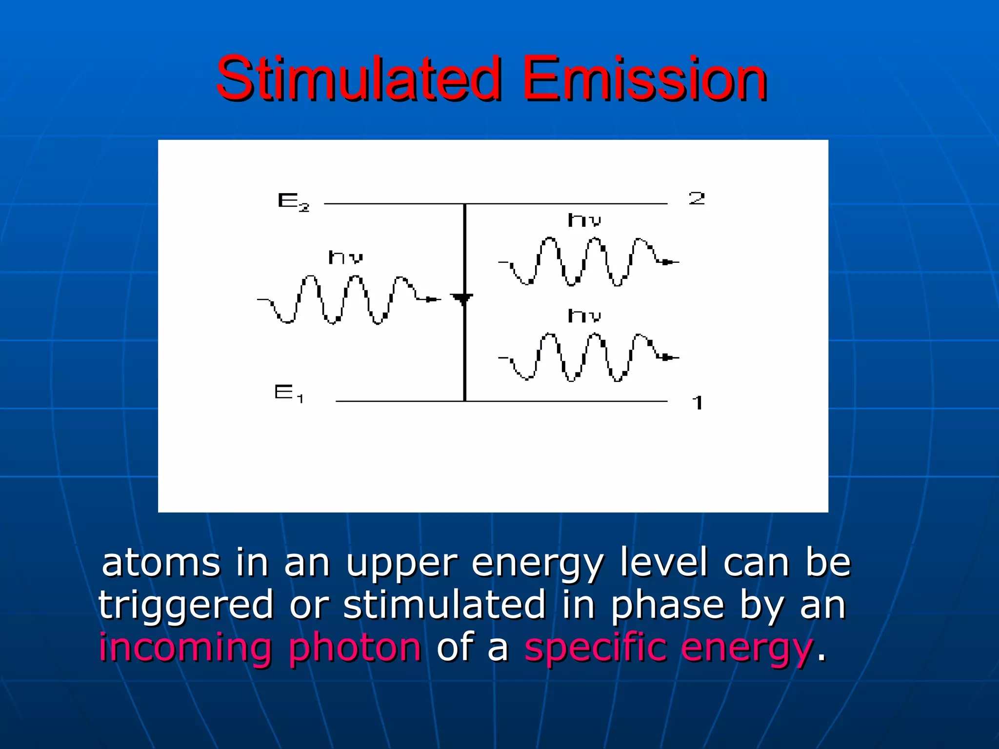 Stimulated Emission  atoms in an upper energy level can be triggered or stimulated in phase by an  incoming photon  of a  specific energy . 