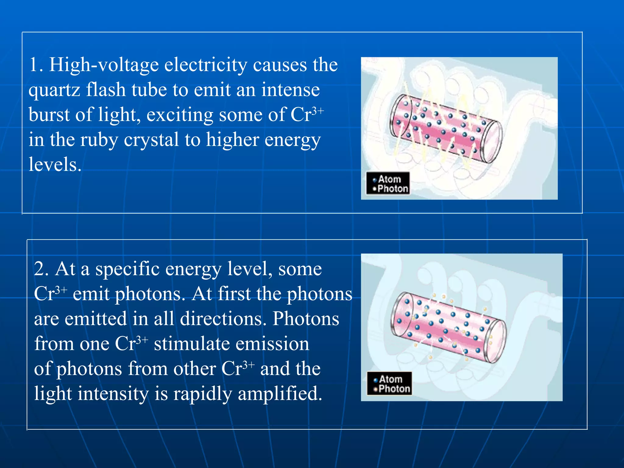 1. High-voltage electricity causes the quartz flash tube to emit an intense burst of light, exciting some of Cr 3+  in the ruby crystal to higher energy levels.  2. At a specific energy level, some  Cr 3+  emit photons. At first the photons  are emitted in all directions. Photons  from one Cr 3+  stimulate emission  of photons from other Cr 3+  and the  light intensity is rapidly amplified.  