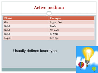 Active medium
Phase Example
Gas Argon, Co2
Solid Diode
Solid Nd YAG
Solid Er YAG
Liquid Red dye
Usually defines laser type.
 