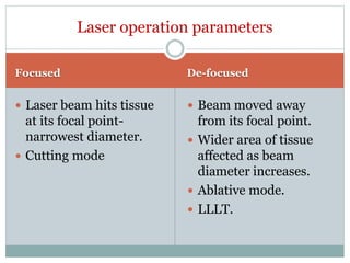 Focused De-focused
 Laser beam hits tissue
at its focal point-
narrowest diameter.
 Cutting mode
 Beam moved away
from its focal point.
 Wider area of tissue
affected as beam
diameter increases.
 Ablative mode.
 LLLT.
Laser operation parameters
 