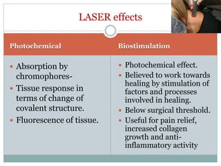 Photochemical Biostimulation
 Absorption by
chromophores-
 Tissue response in
terms of change of
covalent structure.
 Fluorescence of tissue.
 Photochemical effect.
 Believed to work towards
healing by stimulation of
factors and processes
involved in healing.
 Below surgical threshold.
 Useful for pain relief,
increased collagen
growth and anti-
inflammatory activity
LASER effects
 