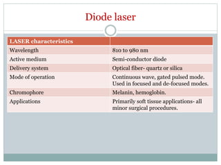 Diode laser
LASER characteristics
Wavelength 810 to 980 nm
Active medium Semi-conductor diode
Delivery system Optical fiber- quartz or silica
Mode of operation Continuous wave, gated pulsed mode.
Used in focused and de-focused modes.
Chromophore Melanin, hemoglobin.
Applications Primarily soft tissue applications- all
minor surgical procedures.
 
