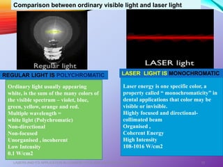 LASERS AND ITS APPLICATION IN CONSERVATIVE AND ENDODONTIC DENTISTRY 10
Comparison between ordinary visible light and laser light
Ordinary light usually appearing
white, is the sum of the many colors of
the visible spectrum – violet, blue,
green, yellow, orange and red.
Multiple wavelength =
white light (Polychromatic)
Non-directional
Non-focused
Unorganised , incoherent
Low Intensity
0.1 W/cm2
Laser energy is one specific color, a
property called “ monochromaticity” in
dental applications that color may be
visible or invisible.
Highly focused and directional-
collimated beam
Organised ,
Coherent Energy
High Intensity
108-1016 W/cm2
REGULAR LIGHT IS POLYCHROMATIC LASER LIGHT IS MONOCHROMATIC
 