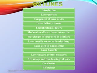 Introduction
Laser physics
Component of laser device
Laser delivery system
Classification of lasers
Mechanism of laser tissue interaction
Wavelength of laser used in dentistry
Laser used in conservative dentistry
Laser used in Endodontics
Laser hazards
Laser hazard control measures
Advantage and disadvantage of laser
Conclusion
References
LASERS AND ITS APPLICATION IN CONSERVATIVE AND ENDODONTIC
DENTISTRY
2
 