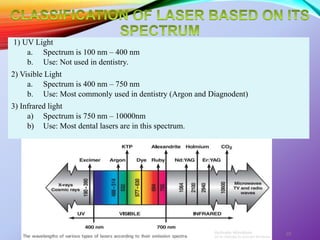 1) UV Light
a. Spectrum is 100 nm – 400 nm
b. Use: Not used in dentistry.
2) Visible Light
a. Spectrum is 400 nm – 750 nm
b. Use: Most commonly used in dentistry (Argon and Diagnodent)
3) Infrared light
a) Spectrum is 750 nm – 10000nm
b) Use: Most dental lasers are in this spectrum.
LASERS AND ITS APPLICATION IN CONSERVATIVE AND ENDODONTIC
DENTISTRY
28
 