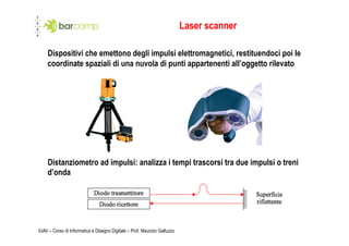 Laser scanner

    Dispositivi che emettono degli impulsi elettromagnetici, restituendoci poi le
    coordinate spaziali di una nuvola di punti appartenenti all’oggetto rilevato




    Distanziometro ad impulsi: analizza i tempi trascorsi tra due impulsi o treni
    d’onda




IUAV – Corso di Informatica e Disegno Digitale – Prof. Maurizio Galluzzo
 