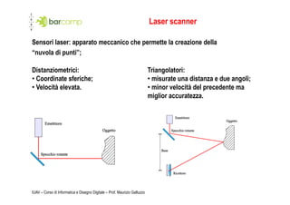 Laser scanner

Sensori laser: apparato meccanico che permette la creazione della
“nuvola di punti”;

Distanziometrici:                                                          Triangolatori:
• Coordinate sferiche;                                                     • misurate una distanza e due angoli;
• Velocità elevata.                                                        • minor velocità del precedente ma
                                                                           miglior accuratezza.




IUAV – Corso di Informatica e Disegno Digitale – Prof. Maurizio Galluzzo
 