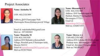 Project Associates
Name: Akshatha M
USN: 4GL21EC009
Address: D/O Chaniyappa Naik
Manimajalu House,Kalanja post & Village
Email id: makshatha504@gmail.com
Mob no : 8971802883
Name: Bhoomika G V
USN: 4GL21EC009
Address: D/O Vamadevappa GK
Halekal, Halekal Post,Jagalur(T)
Davanagere-577553
Email id:
bhoomikagv5623@gmail.com
Mob no: 6360871955
Name: Mamatha M
USN:4GL21EC028
Address:D/O Mahadeva,Kaiyamballi
Village, Horalalli post,T-Narasipur taluk,
Mysore-562112
Email id:mamathamtnp2003@gmail.com
Mob no:9538378664
Name: Shreya AA
USN:4GL21EC045
Address:D/O Ashoka AP, Chikkal near
Pradeep store, Shivamogga-577203
Email id: shreyaaa132@gmail.com
Mob no:7483492027
 