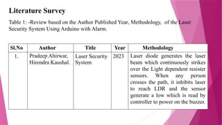 Literature Survey
Table 1: -Review based on the Author Published Year, Methodology, of the Laser
Security System Using Arduino with Alarm.
Sl.No Author Title Year Methodology
1. Pradeep Ahirwar,
Hirendra Kaushal.
Laser Security
System
2023 Laser diode generates the laser
beam which continuously strikes
over the Light dependent resister
sensors. When any person
crosses the path, it inhibits laser
to reach LDR and the sensor
generate a low which is read by
controller to power on the buzzer.
 