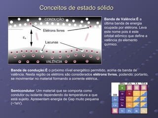 Conceitos de estado sólido Semicondutor : Um material que se comporta como condutor ou isolante dependendo da temperatura a que está sujeito. Apresentam energia de Gap muito pequena ( ~1eV). Banda de Valência:É  a última banda de energia ocupada por elétrons. Leva este nome pois é este orbital atômico que define a valência do elemento químico. Banda de condução:É  o próximo nível energético permitido, acima da banda de valência. Nesta região os elétrons são considerados  elétrons livres , podendo, portanto, se movimentar no material formando a corrente elétrica. 
