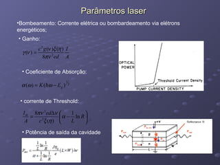 Parâmetros laser Bombeamento: Corrente elétrica ou bombardeamento via elétrons energéticos; Ganho: corrente de Threshold: Coeficiente de Absorção: Potência de saída da cavidade 