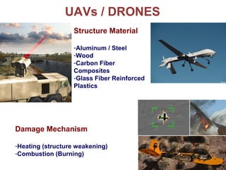 UAVs / DRONES
Structure Material
-Aluminum / Steel
-Wood
-Carbon Fiber
Composites
-Glass Fiber Reinforced
Plastics
Damage Mechanism
-Heating (structure weakening)
-Combustion (Burning)
 