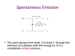Spontaneous Emission
• The atom decays from level 2 to level 1 through the
emission of a photon with the energy hv. It is a
completely random process.
 