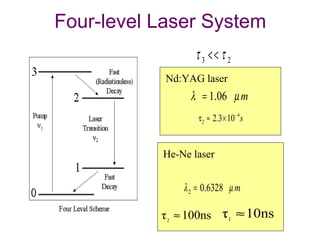1.06 mλ µ=
4
2τ 2.3 10 s−
≈ ×
2 0.6328 mλ µ=
100nsτ2
≈ 10nsτ1
≈
Four-level Laser System
Nd:YAG laser
He-Ne laser
23 ττ <<
 