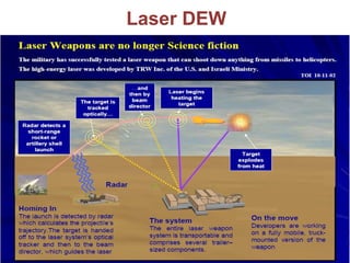 Lethal Laser Weapons
Pump Power
Laser Medium
LASER
LASER
A Directed Energy Lethal Weapon (DEW) exploits the High Power
Las...