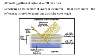 • Alternating pattern of high and low RI materials
• Depending on the number of layers in the mirror – 20 or more layers – the
reflectance is 100% for atleast one particular wave length
 