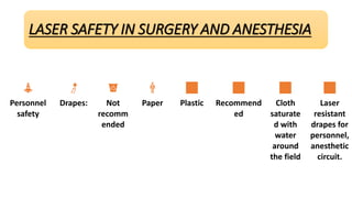 LASER SAFETY IN SURGERY AND ANESTHESIA
Personnel
safety
Drapes: Not
recomm
ended
Paper Plastic Recommend
ed
Cloth
saturate
d with
water
around
the field
Laser
resistant
drapes for
personnel,
anesthetic
circuit.
 