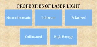 PROPERTIES OF LASER LIGHT
Monochromatic Coherent Polarized
Collimated High Energy
 