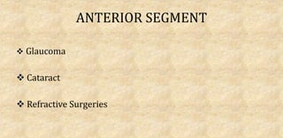 ANTERIOR SEGMENT
 Glaucoma
 Cataract
 Refractive Surgeries
 