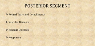 POSTERIOR SEGMENT
 Retinal Tears and Detachments
 Vascular Diseases
 Macular Diseases
 Neoplasms
 