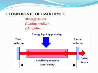  COMPONENTS OF LASER DEVICE:
1)Energy source
2)Lasing medium
3)Amplifier
 