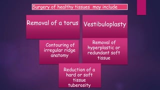 Removal of a torus Vestibuloplasty
Contouring of
irregular ridge
anatomy
Removal of
hyperplastic or
redundant soft
tissue
Reduction of a
hard or soft
tissue
tuberosity
Surgery of healthy tissues may include
 