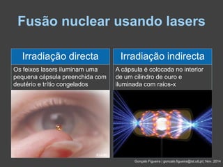 Fusão nuclear usando lasers 
Gonçalo Figueira | goncalo.figueira@ist.utl.pt | Nov. 2014 
Irradiação directa 
Os feixes lasers iluminam uma 
pequena cápsula preenchida com 
deutério e trítio congelados 
Irradiação indirecta 
A cápsula é colocada no interior 
de um cilindro de ouro e 
iluminada com raios-x 
© LLNL © LLNL 
 