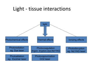 Light - tissue interactions
light
Thermal effectsPhotochemical effects Ionizing effects
Photoradiation
eg. Dye laser
Photoablation
eg. Excimer laser
Photocoagulation
Argon, krypton,dye,Nd:YAG
Photovapourization
CO2 laser
Photodisruption
eg. Nd:YAG laser
 