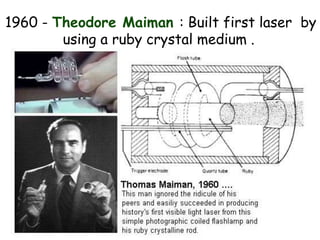 1960 - Theodore Maiman : Built first laser by
using a ruby crystal medium .
 
