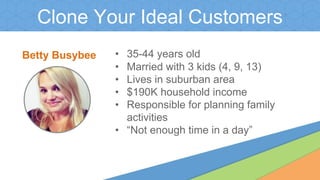 Clone Your Ideal Customers
• 35-44 years old
• Married with 3 kids (4, 9, 13)
• Lives in suburban area
• $190K household income
• Responsible for planning family
activities
• “Not enough time in a day”
Betty Busybee
 