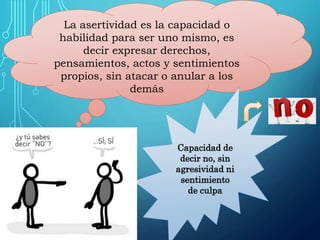 La asertividad es la capacidad o
habilidad para ser uno mismo, es
decir expresar derechos,
pensamientos, actos y sentimientos
propios, sin atacar o anular a los
demás
Capacidad de
decir no, sin
agresividad ni
sentimiento
de culpa