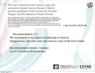 J Vasc Surg 2011;53:2S-48S
Recommendation 12.1
We recommend using liquid sclerotherapy or foam to
telangiectasia, reticular veins and varicose veins of the lower limbs
Recommendation Grade 1 (strong)
Level of Evidence B (moderate)
Monday, August 24, 15
 