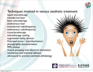 Techniques involved in venous aesthetic treatment
liquid sclerotherapy
transdermal laser
foam sclerotherapy
endovenous laser
transdermal radiofrequency
endovenous radiofrequency
cryosclerotherapy
sclerotherapy cooling
augmented reality devices
Polarized lenses / transilluminators
photographic documentation
PPG venous
muscle pumping with electrical stimulation
mechanical and chemical ablation
ultrasound to practice aesthetic phlebology
Monday, August 24, 15
 