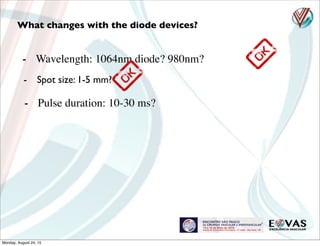 - Wavelength: 1064nm diode? 980nm?
What changes with the diode devices?
- Spot size: 1-5 mm?
- Pulse duration: 10-30 ms?
Monday, August 24, 15
 