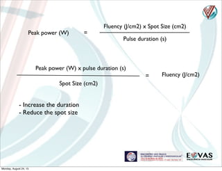Fluency (J/cm2) x Spot Size (cm2)
Pulse duration (s)
Peak power (W) =
Fluency (J/cm2)
Peak power (W) x pulse duration (s)
=
Spot Size (cm2)
- Increase the duration
- Reduce the spot size
Monday, August 24, 15
 