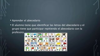 • Aprender el abecedario
• El alumno tiene que identificar las letras del abecedario y el
grupo tiene que participar repitiendo el abecedario con la
profesora