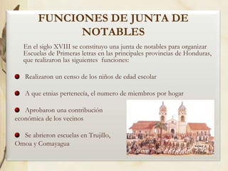 FUNCIONES DE JUNTA DE
NOTABLES
En el siglo XVIII se constituyo una junta de notables para organizar
Escuelas de Primeras letras en las principales provincias de Honduras,
que realizaron las siguientes funciones:
Realizaron un censo de los niños de edad escolar

A que etnias pertenecía, el numero de miembros por hogar
Aprobaron una contribución
económica de los vecinos

Se abrieron escuelas en Trujillo,
Omoa y Comayagua

 