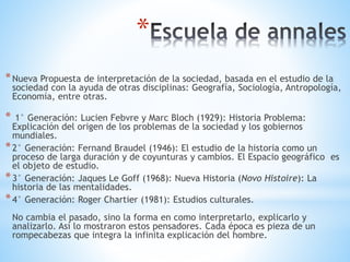 * 
*Nueva Propuesta de interpretación de la sociedad, basada en el estudio de la 
sociedad con la ayuda de otras disciplinas: Geografía, Sociología, Antropología, 
Economía, entre otras. 
* 1° Generación: Lucien Febvre y Marc Bloch (1929): Historia Problema: 
Explicación del origen de los problemas de la sociedad y los gobiernos 
mundiales. 
*2° Generación: Fernand Braudel (1946): El estudio de la historia como un 
proceso de larga duración y de coyunturas y cambios. El Espacio geográfico es 
el objeto de estudio. 
*3° Generación: Jaques Le Goff (1968): Nueva Historia (Novo Histoire): La 
historia de las mentalidades. 
*4° Generación: Roger Chartier (1981): Estudios culturales. 
No cambia el pasado, sino la forma en como interpretarlo, explicarlo y 
analizarlo. Así lo mostraron estos pensadores. Cada época es pieza de un 
rompecabezas que integra la infinita explicación del hombre. 
 
