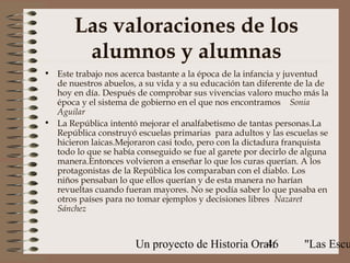 Las valoraciones de los
        alumnos y alumnas
• Este trabajo nos acerca bastante a la época de la infancia y juventud
  de nuestros abuelos, a su vida y a su educación tan diferente de la de
  hoy en día. Después de comprobar sus vivencias valoro mucho más la
  época y el sistema de gobierno en el que nos encontramos Sonia
  Aguilar
• La República intentó mejorar el analfabetismo de tantas personas.La
  República construyó escuelas primarias para adultos y las escuelas se
  hicieron laicas.Mejoraron casi todo, pero con la dictadura franquista
  todo lo que se había conseguido se fue al garete por decirlo de alguna
  manera.Entonces volvieron a enseñar lo que los curas querían. A los
  protagonistas de la República los comparaban con el diablo. Los
  niños pensaban lo que ellos querían y de esta manera no harían
  revueltas cuando fueran mayores. No se podía saber lo que pasaba en
  otros países para no tomar ejemplos y decisiones libres Nazaret
  Sánchez



                       Un proyecto de Historia Oral:
                                                  46             "Las Escu
 
