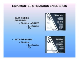 ESPUMANTES UTILIZADOS EN EL SPEIS
• BAJA Y MEDIA
EXPANSIÓN
• Sintética AR/AFFF
» Dosificación
3%
• ALTA EXPANSIÓN
• Sintética
» Dosificación
3%
 