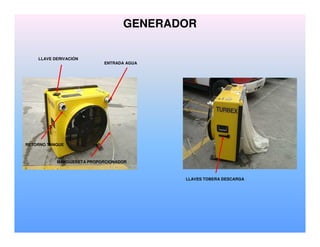 LLAVE DERIVACIÓN
LLAVES TOBERA DESCARGA
MANGUERETA PROPORCIONADOR
ENTRADA AGUA
RETORNO TANQUE
GENERADOR
 