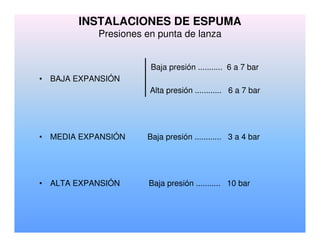 INSTALACIONES DE ESPUMA
Presiones en punta de lanza
Baja presión ........... 6 a 7 bar
• BAJA EXPANSIÓN
Alta presión ............ 6 a 7 bar
• MEDIA EXPANSIÓN Baja presión ............ 3 a 4 bar
• ALTA EXPANSIÓN Baja presión ........... 10 bar
 