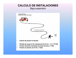 CALCULO DE INSTALACIONES
Baja expansión
• Cálculo de presión en bomba
• Pérdida de carga en las mangueras de 45 mm. = n x 1’5 bar
• Presión dinámica necesaria en punta de lanza = 7 bar
• Presión en bomba: (n x1’5) + 7 bar
 