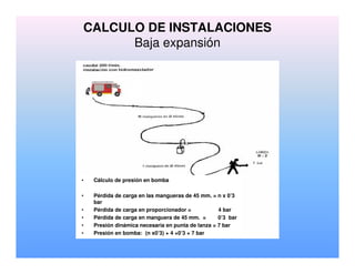 nx0,3
4
n x 0,3 bar
4 bar
0,3 bar
7 bar
CALCULO DE INSTALACIONES
Baja expansión
• Cálculo de presión en bomba
• Pérdida de carga en las mangueras de 45 mm. = n x 0’3
bar
• Pérdida de carga en proporcionador = 4 bar
• Pérdida de carga en manguera de 45 mm. = 0’3 bar
• Presión dinámica necesaria en punta de lanza = 7 bar
• Presión en bomba: (n x0’3) + 4 +0’3 + 7 bar
 