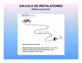 • Cálculo de presión en bomba
• Pérdida de carga en las mangueras de 45 mm. = n x 1’5 bar
• Presión dinámica necesaria en punta de lanza = 4 bar
• Presión en bomba: (n x1’5) + 4 bar
CALCULO DE INSTALACIONES
Media expansión
 
