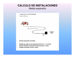 • Cálculo de presión en bomba
• Pérdida de carga en las mangueras de 45 mm. = n x 0’5 bar
• Presión dinámica necesaria en punta de lanza = 10 bar
• Presión en bomba: (n x0’5) +10 bar
CALCULO DE INSTALACIONES
Media expansión
 