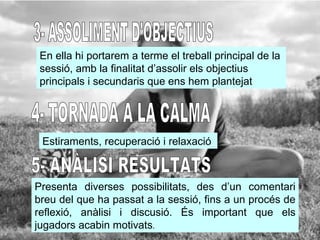 3- ASSOLIMENT D'OBJECTIUS En ella hi portarem a terme el treball principal de la sessió, amb la finalitat d’assolir els objectius principals i secundaris que ens hem plantejat   4- TORNADA A LA CALMA Estiraments, recuperació i relaxació   5- ANÀLISI RESULTATS Presenta diverses possibilitats, des d’un comentari breu del que ha passat a la sessió, fins a un procés de reflexió, anàlisi i discusió. És important que els jugadors acabin motivats . 