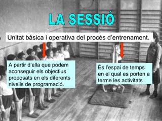 LA SESSIÓ Unitat bàsica i operativa del procés d’entrenament.  A partir d’ella que podem aconseguir els objectius proposats en els diferents nivells de programació.   És l’espai de temps en el qual es porten a terme les activitats   