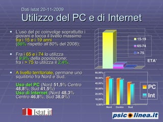 Dati Istat 20-11-2009  Utilizzo del PC e di Internet L’uso del pc coinvolge soprattutto i giovani e tocca il livello massimo  tra i 15 e i 19 anni   ( 86%  rispetto all’80% del 2008);  Fra  i 65 e i 74  lo utilizza  il  9,9%  della popolazione; fra i  > 75  lo utilizza il  2,4% .  A livello territoriale,  permane uno squilibrio fra Nord e Sud. Uso del PC  (Nord  51,5 % Centro  48,8 %, Sud  41,5 %)  Uso di Internet   (Nord  48,3 % Centro  46,8 %, Sud  38,0 %) ETA’ 
